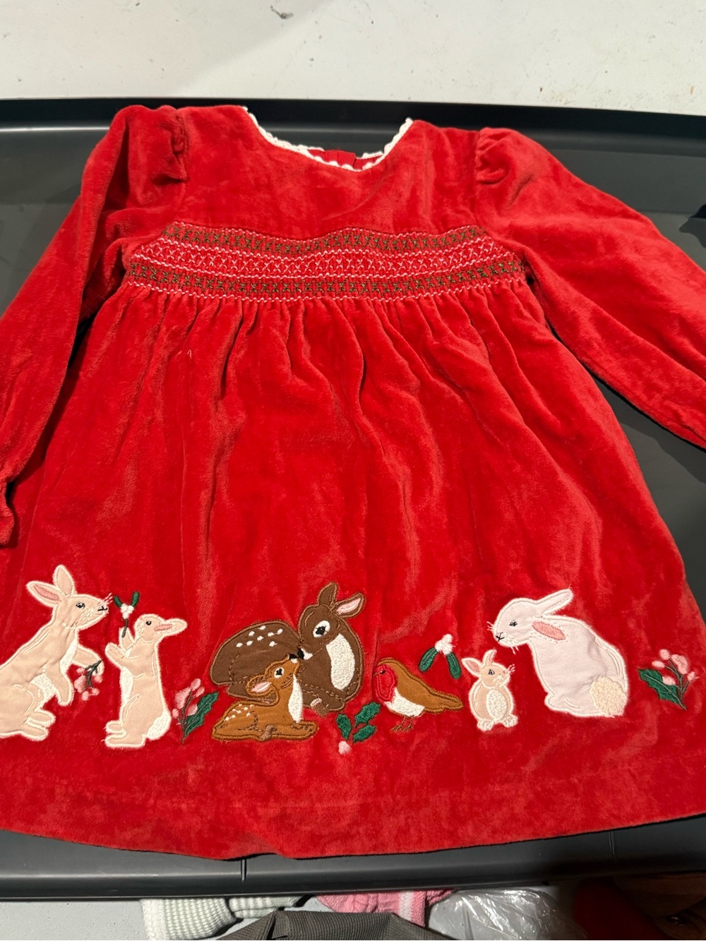 Mini Boden Red Velvet Dress with Woodland Animal Embroidery